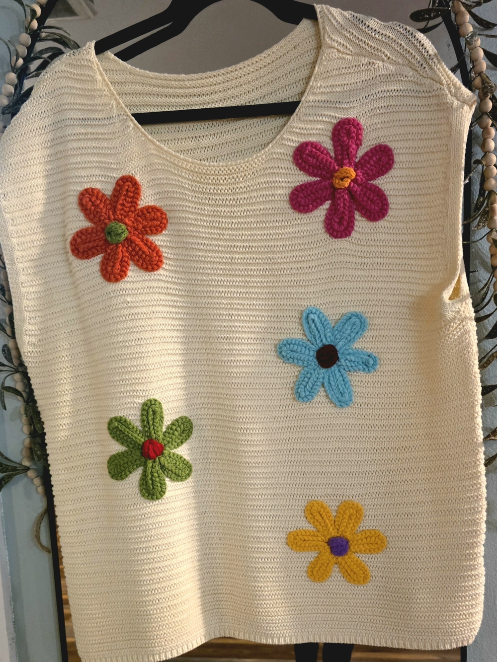 Cream Crochet Flower Applique Sleeveless Sweater